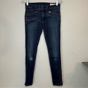 Rag & Bone Sz 26 Mid Rise Skinny Distressed Moto Jeans Mid Wash Blue Side Zipper